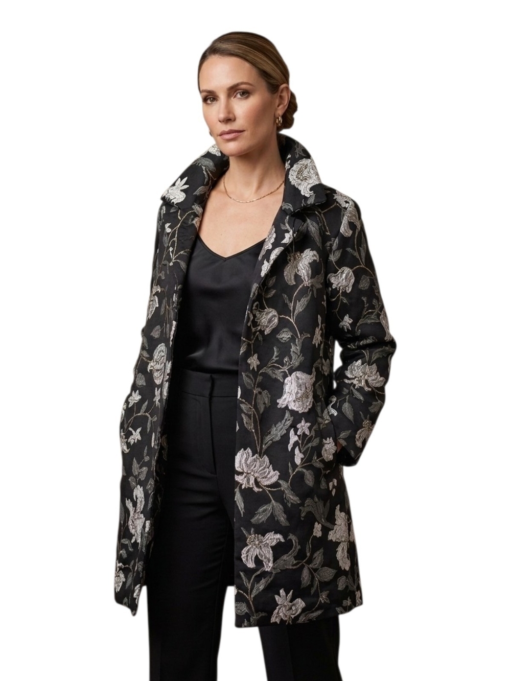 #45 SLINKY BRAND L Women's Black Floral Jacquard Coat P2p23 L37 Sleeves24